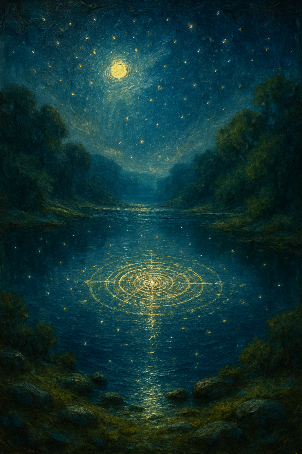 Representación simbólica de la astrología con constelaciones reflejadas en un lago