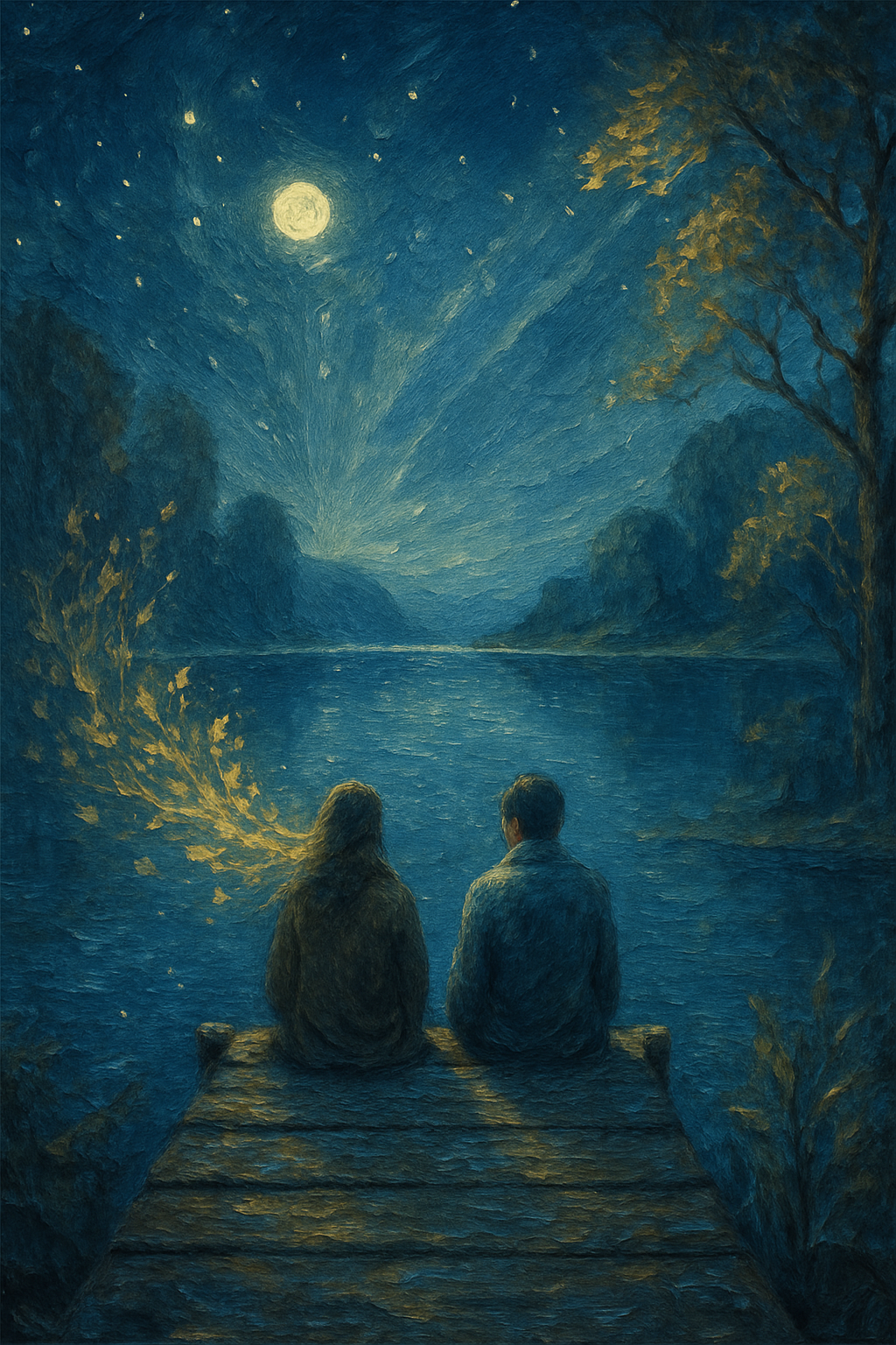 Dos personas en un muelle reflejadas en el agua, simbolizando la dualidad y las relaciones de Libra.