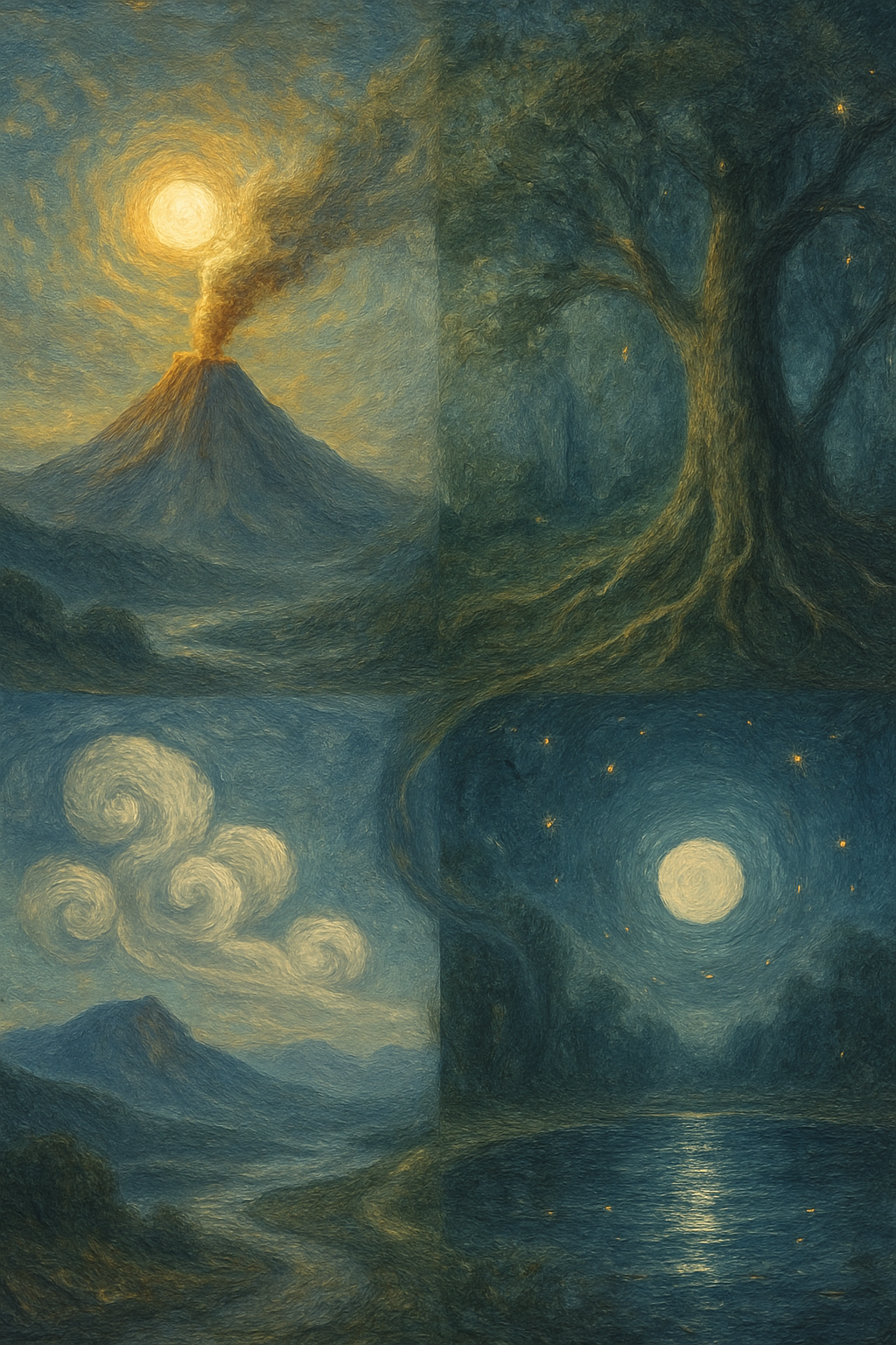 Los cuatro elementos astrológicos: Fuego, Tierra, Aire y Agua, representados en la naturaleza.