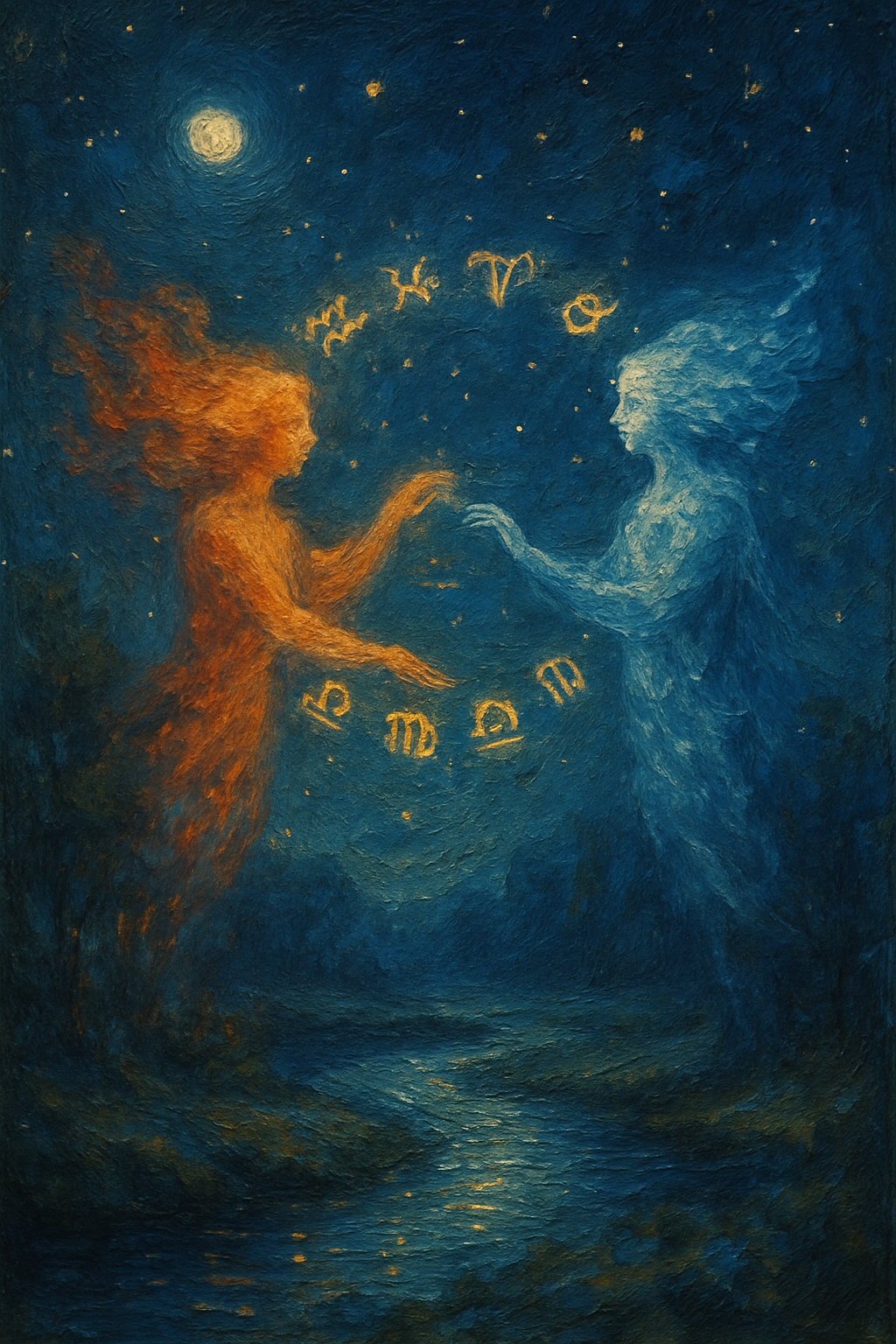 Representación artística de la compatibilidad de signos del zodiaco con dos figuras cósmicas