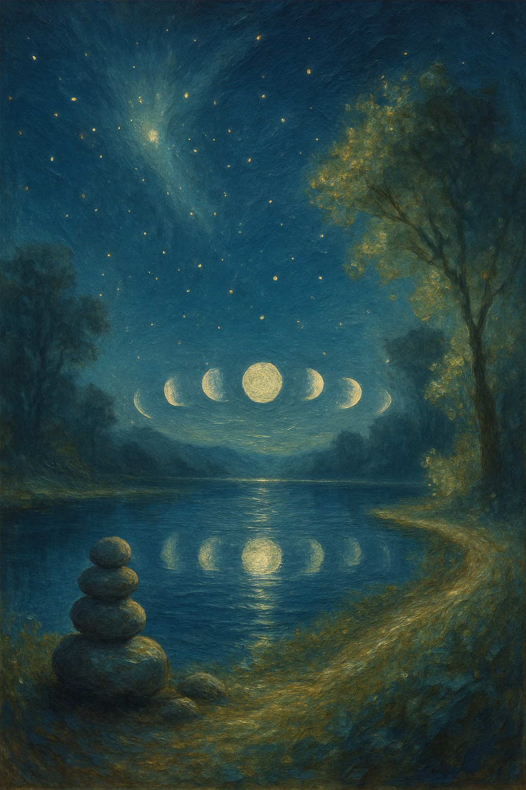 Las ocho fases de la Luna reflejadas en un lago tranquilo por la noche.