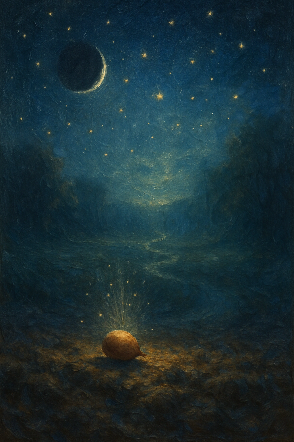 Una semilla en tierra fértil bajo el cielo oscuro de la Luna Nueva.