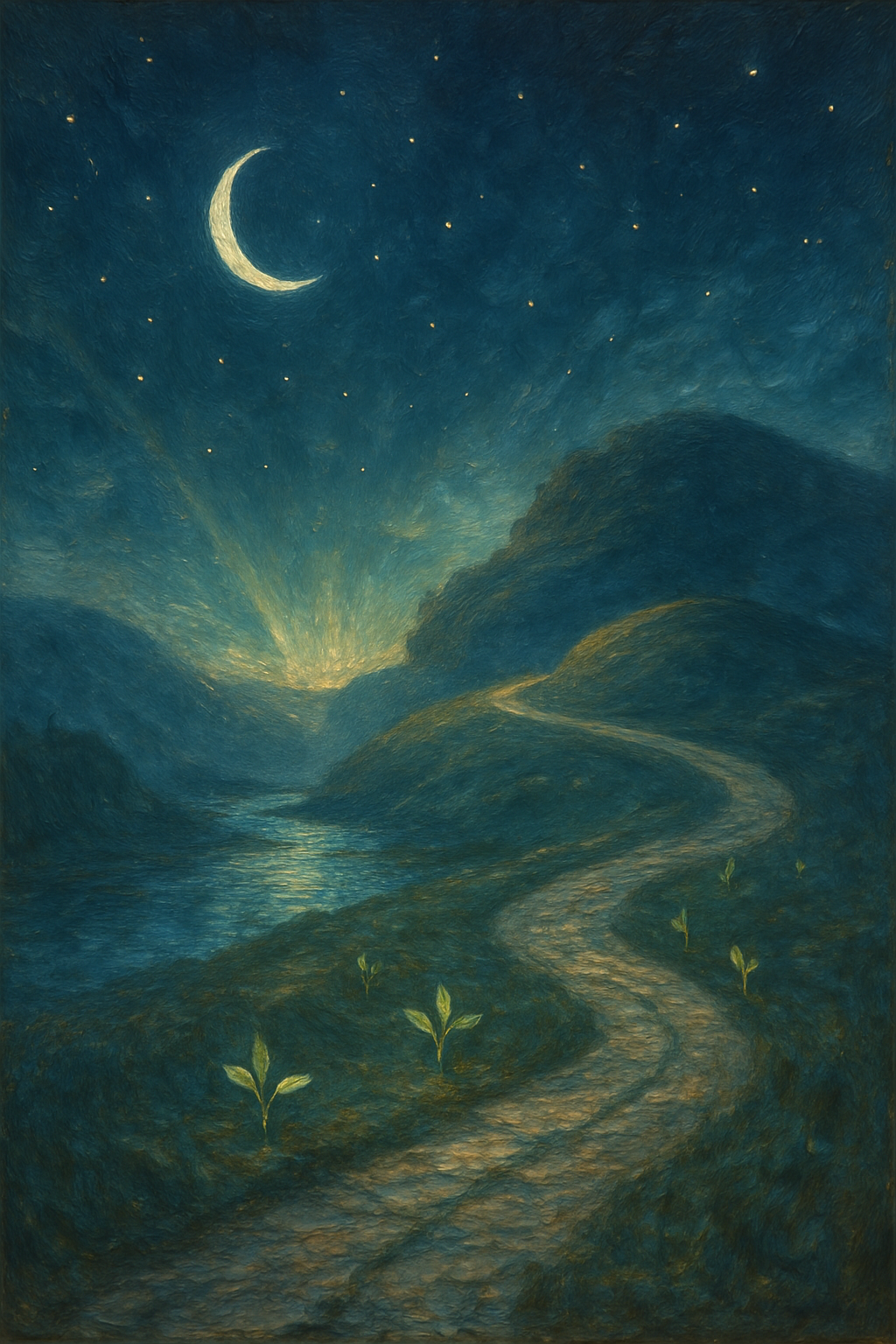 Un sendero ascendente bajo el cielo con la luna en Cuarto Creciente.