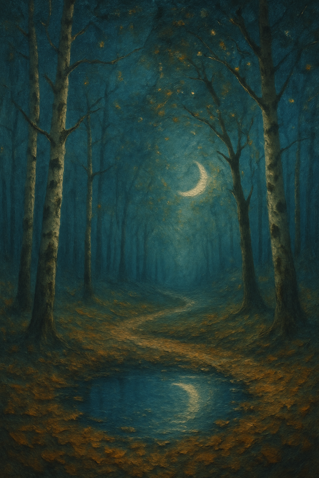 La luna en Cuarto Menguante vista a través de un bosque en la madrugada.
