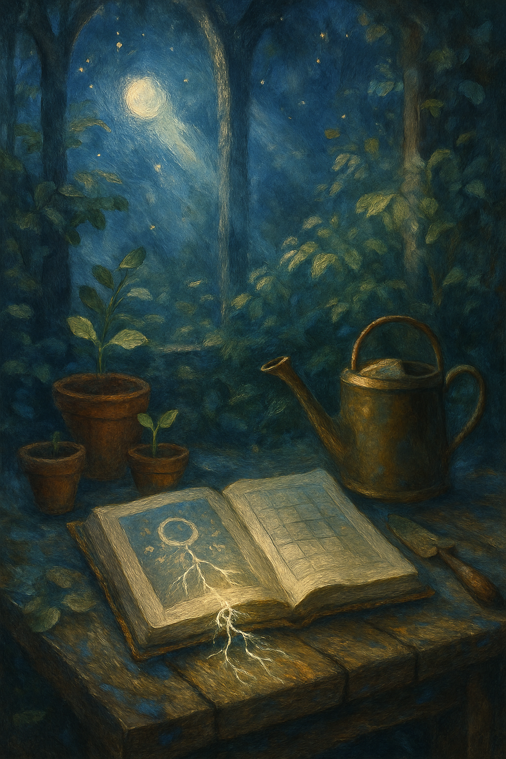 Un calendario lunar en un libro antiguo rodeado de plantas y herramientas de jardinería.