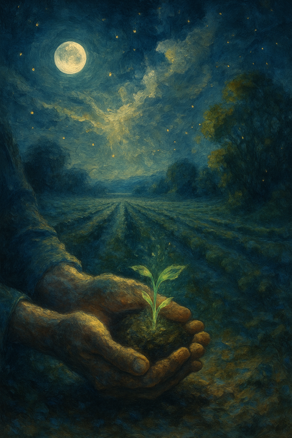 Manos cuidando una plántula bajo la luz de la luna en un campo de cultivo.