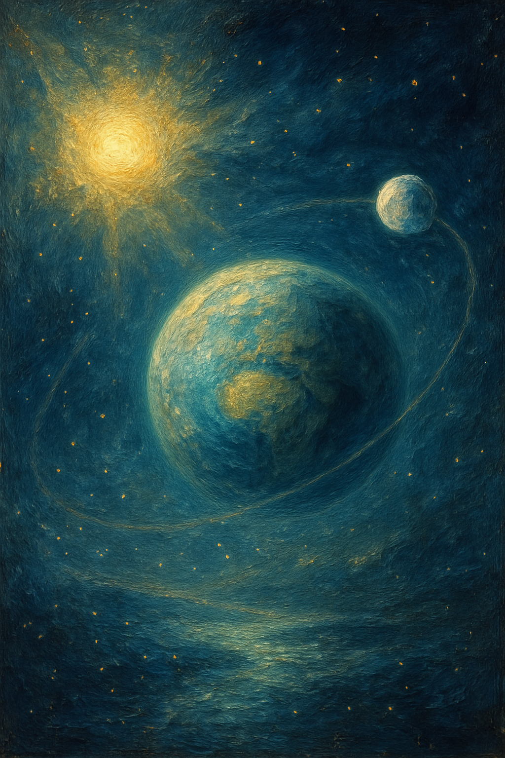 Ilustración astronómica del sistema Sol-Tierra-Luna mostrando la órbita lunar