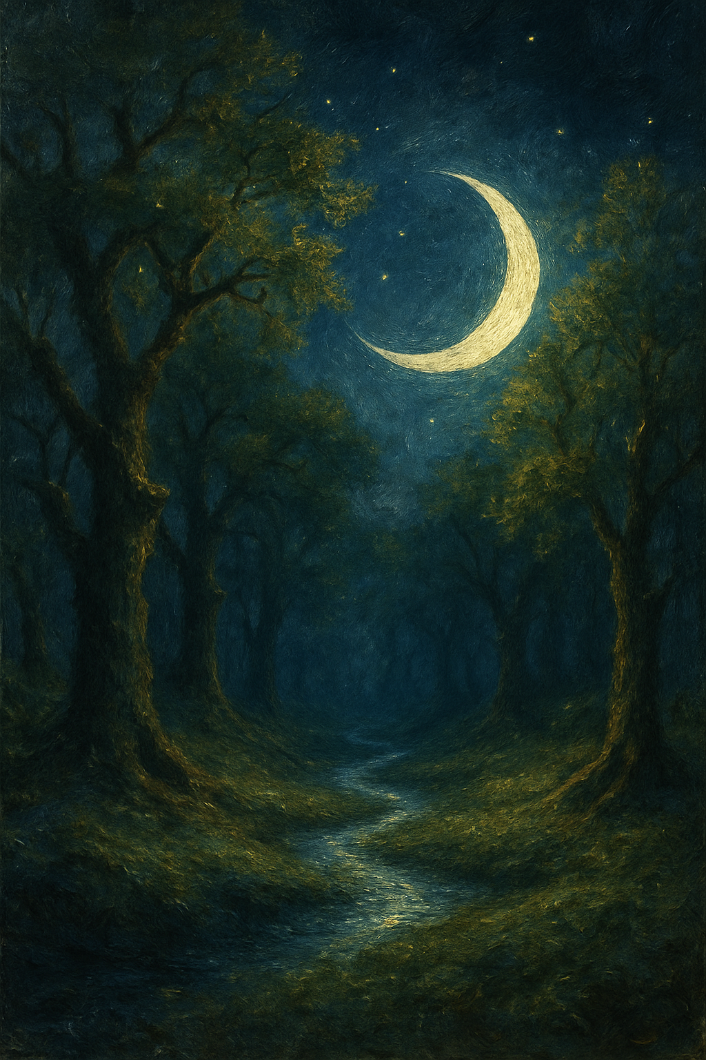 La luna en la fase de cuarto creciente vista sobre un bosque.