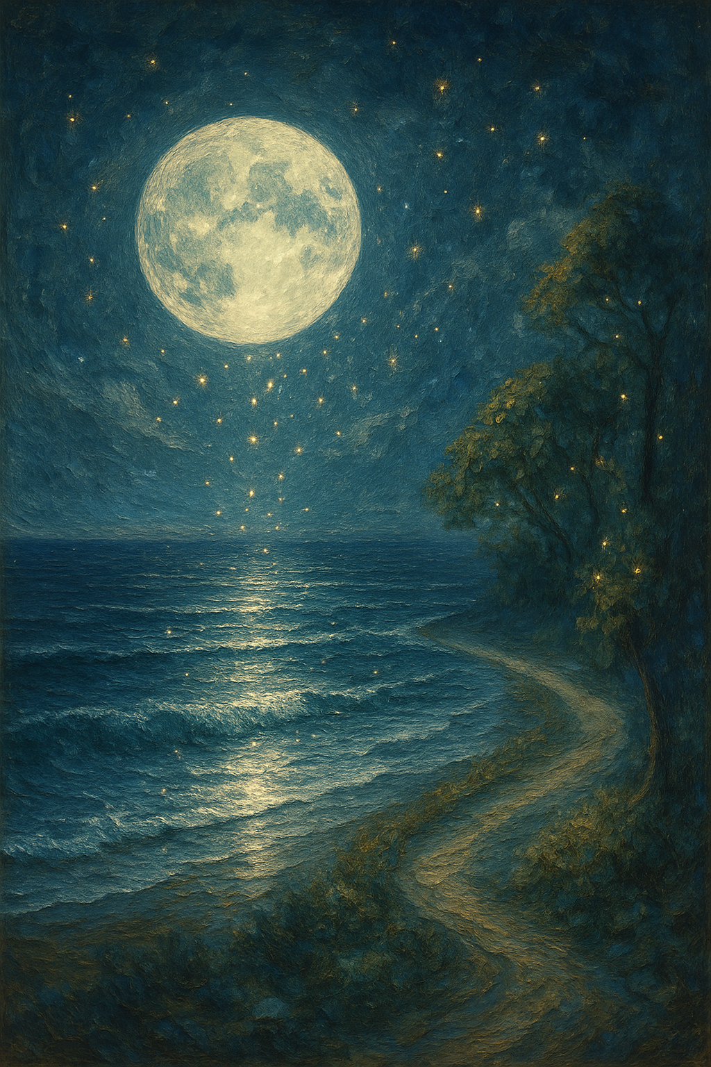 Una brillante luna llena sobre el océano.