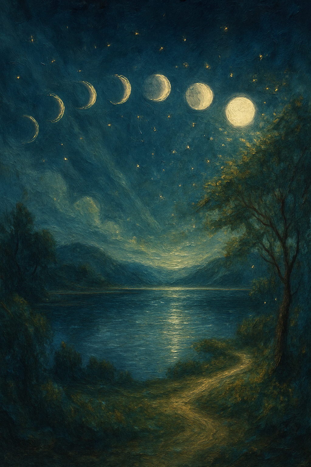 Las ocho fases de la luna en un ciclo sobre un paisaje natural.