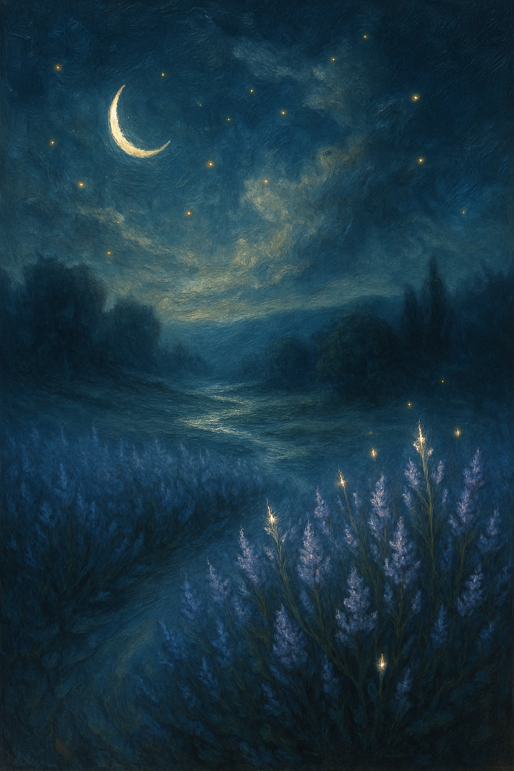 Una fina luna creciente sobre un campo de lavanda.