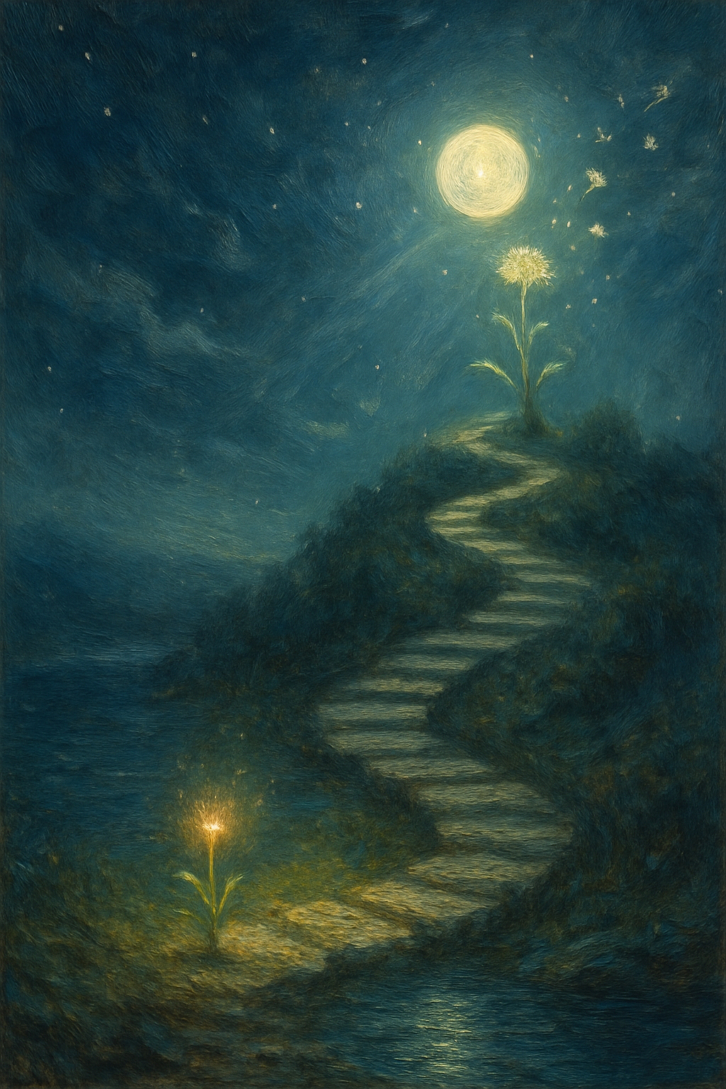 El ciclo lunar desde la luna nueva hasta la luna llena, mostrado como el crecimiento de una planta en un camino espiral.
