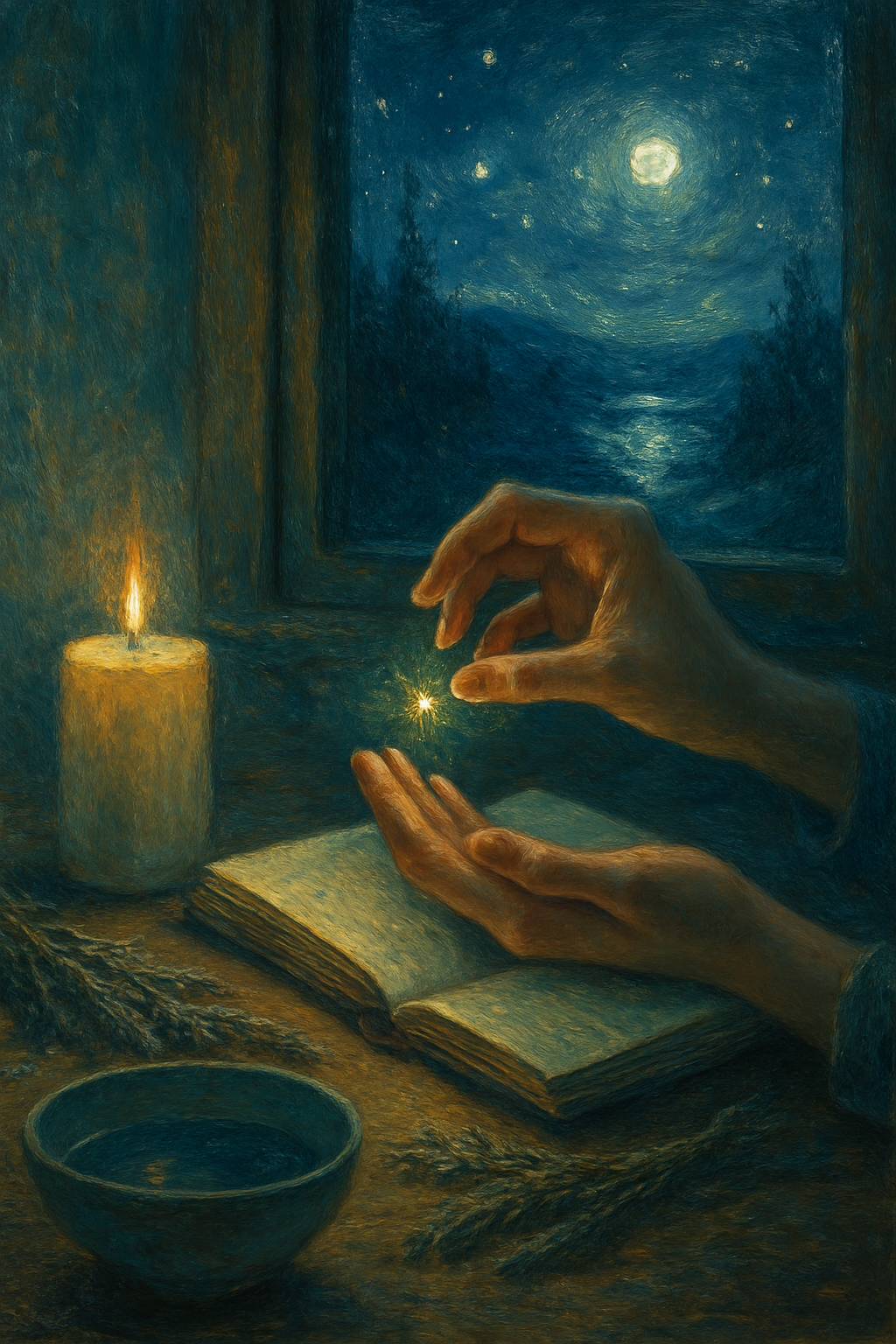 Elementos para un ritual de luna nueva: vela, cuaderno, agua y hierbas para establecer intenciones.