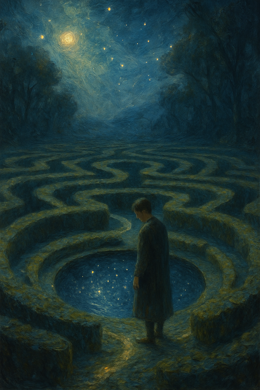 Una persona buscando respuestas y claridad en un laberinto natural, simbolizando las preguntas frecuentes sobre la luna nueva.