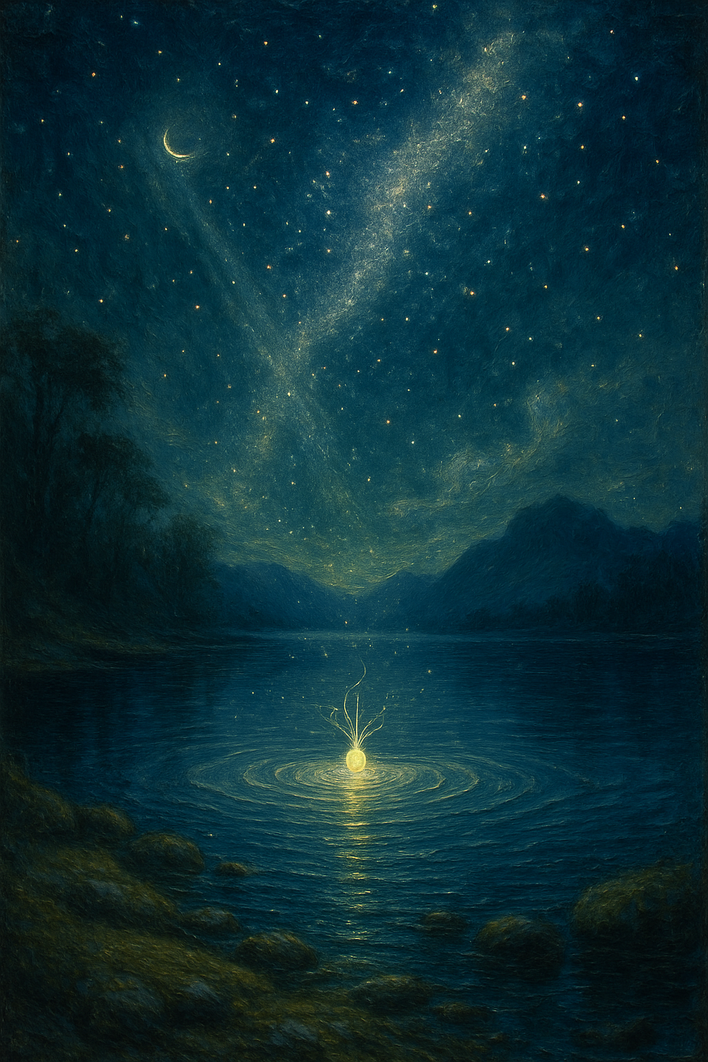 Significado de la luna nueva simbolizado por una semilla luminosa en un lago bajo un cielo estrellado.