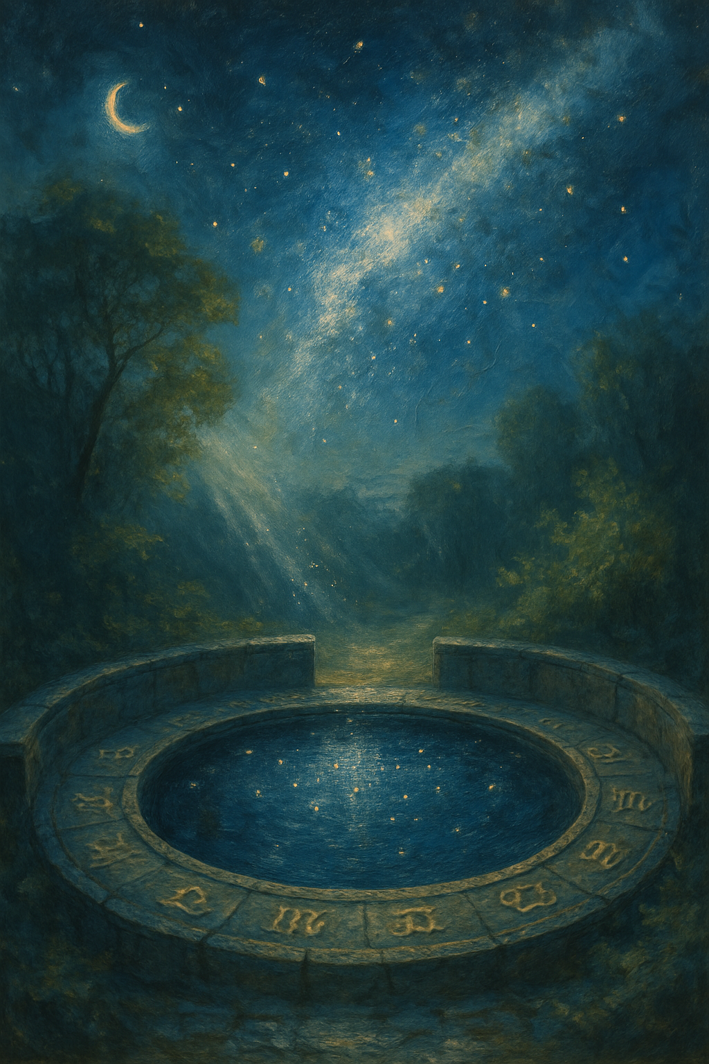 Representación simbólica del horóscopo con el zodiaco grabado alrededor de un estanque que refleja las estrellas