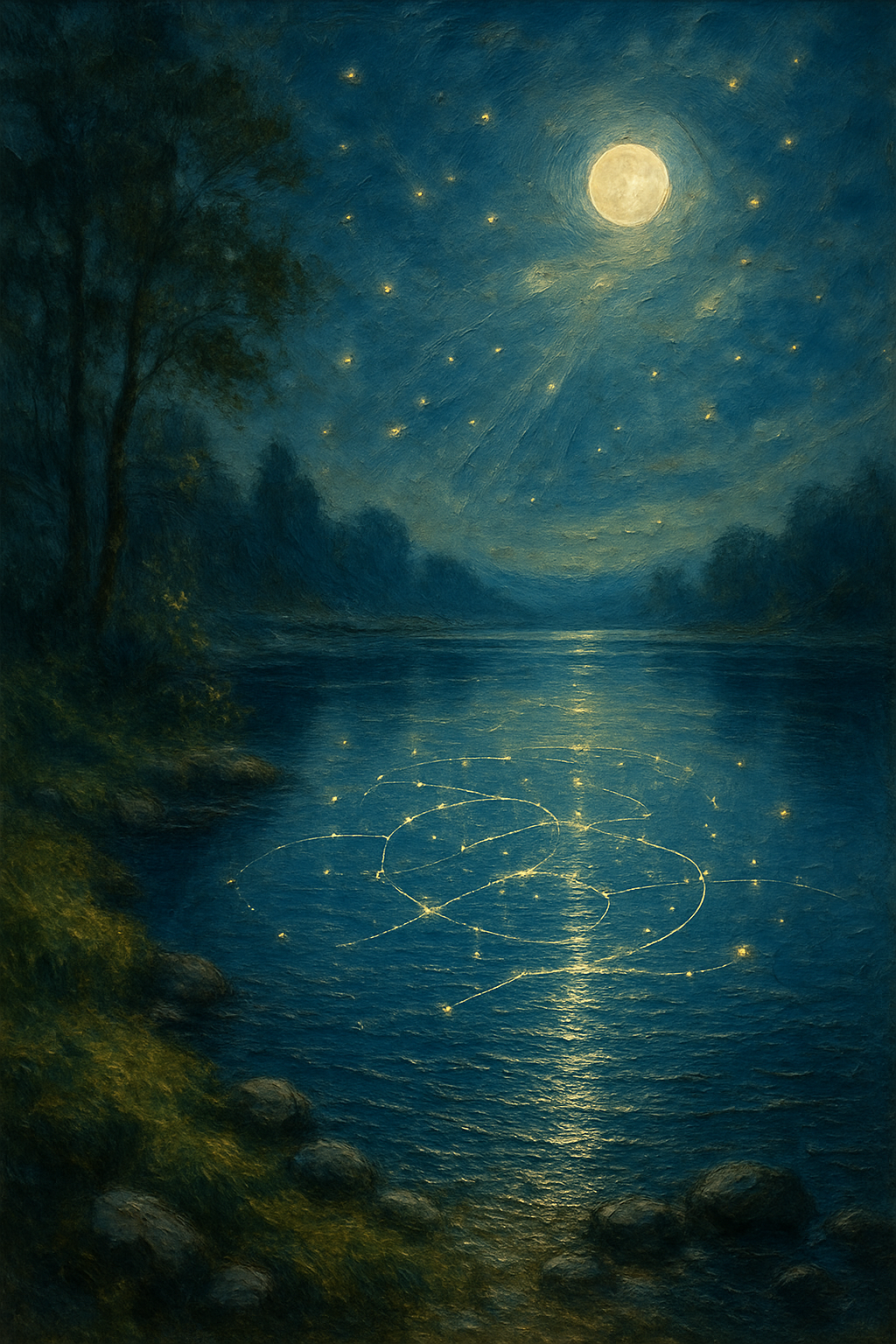 Un mapa estelar reflejado en un lago tranquilo, simbolizando la carta natal como un espejo del cosmos.