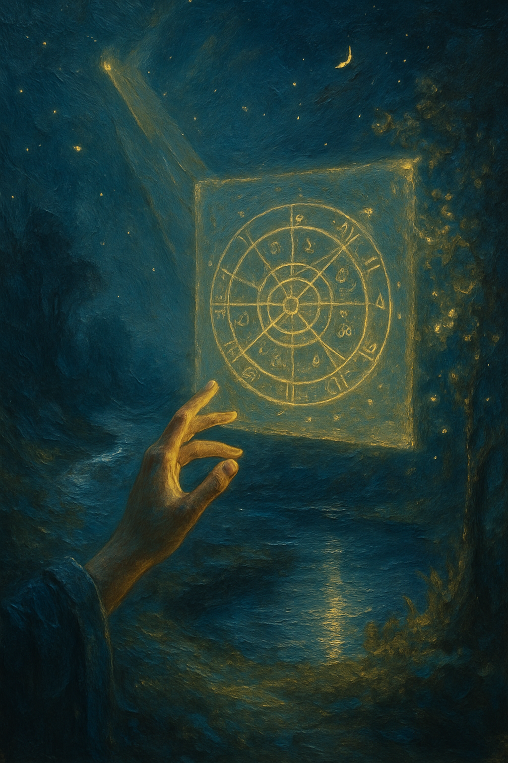 Una mano interactuando con una pantalla de luz donde se forma una carta astral, representando las calculadoras astrológicas.