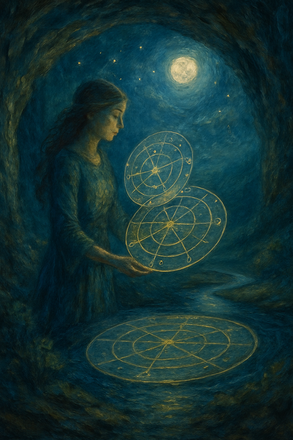 Dos cartas astrales superpuestas con puntos de luz donde se alinean, representando los tránsitos planetarios.