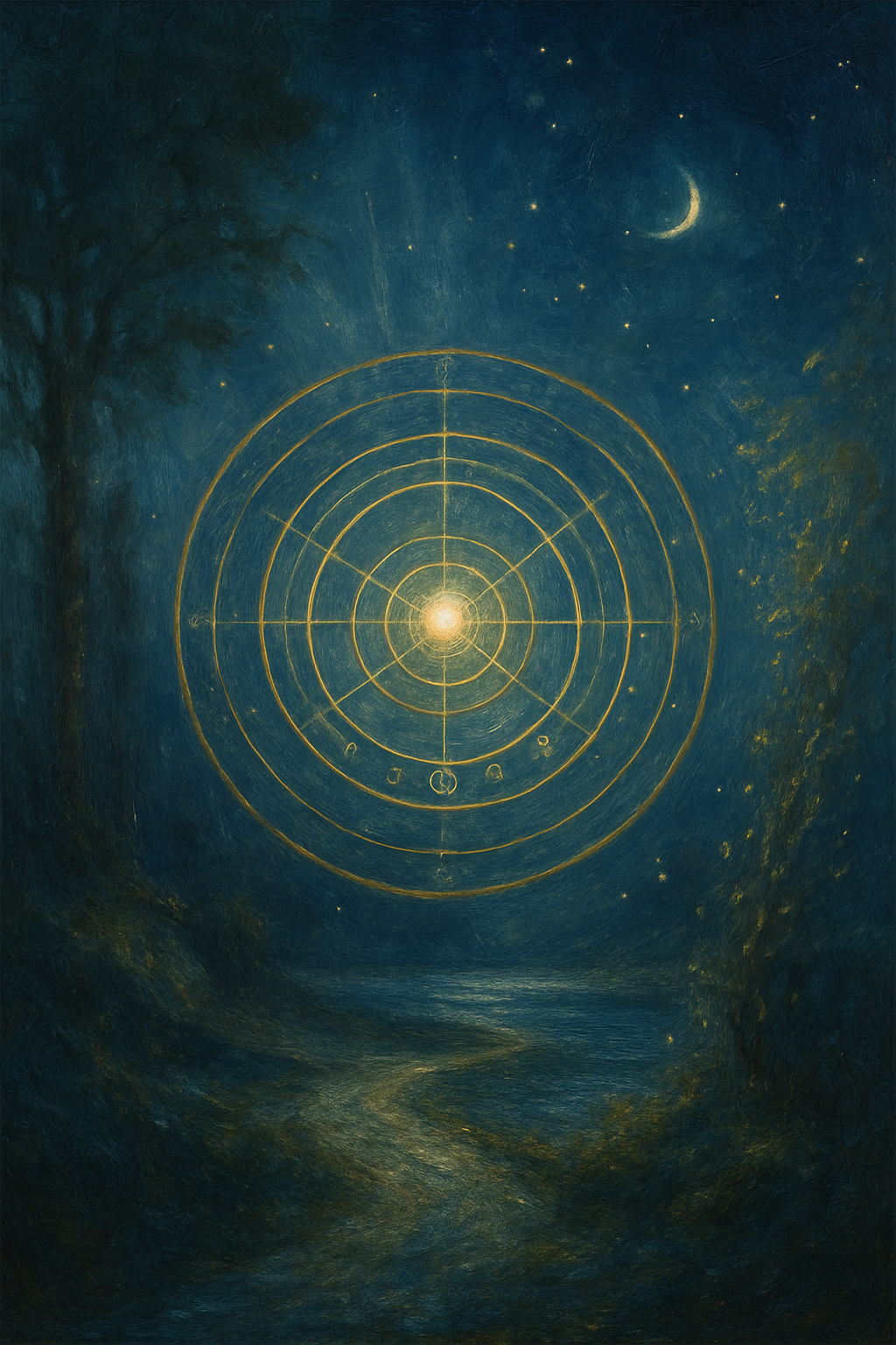 Representación artística de una carta natal como un astrolabio luminoso en el espacio