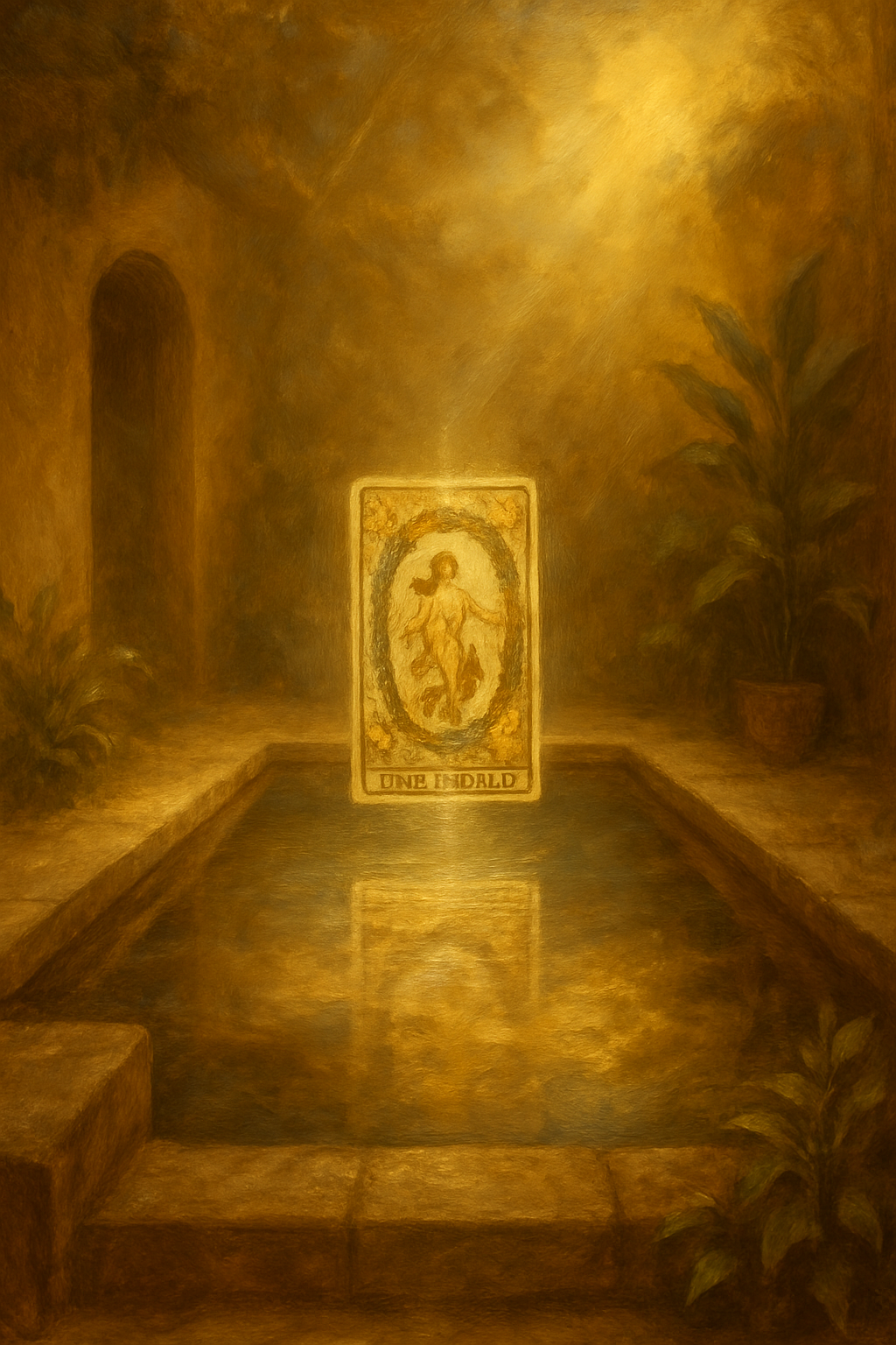 La carta del Mundo del tarot reflejada en la superficie de un estanque de agua tranquilo.