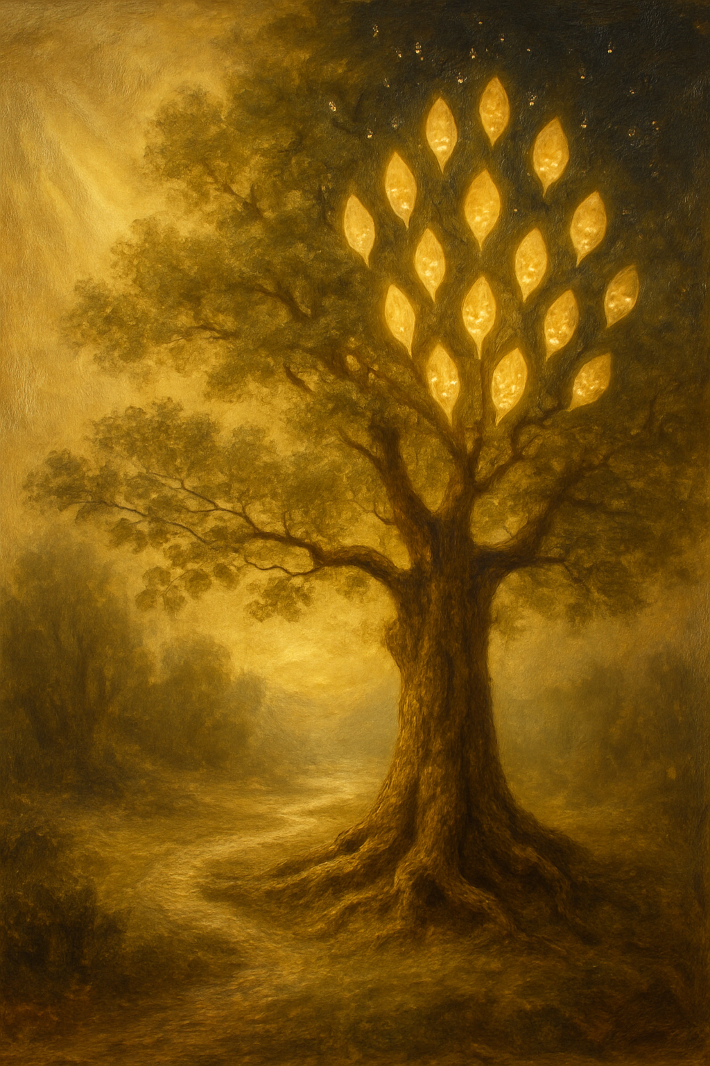 Árbol simbólico que representa la estructura del tarot con los Arcanos Mayores y Menores.