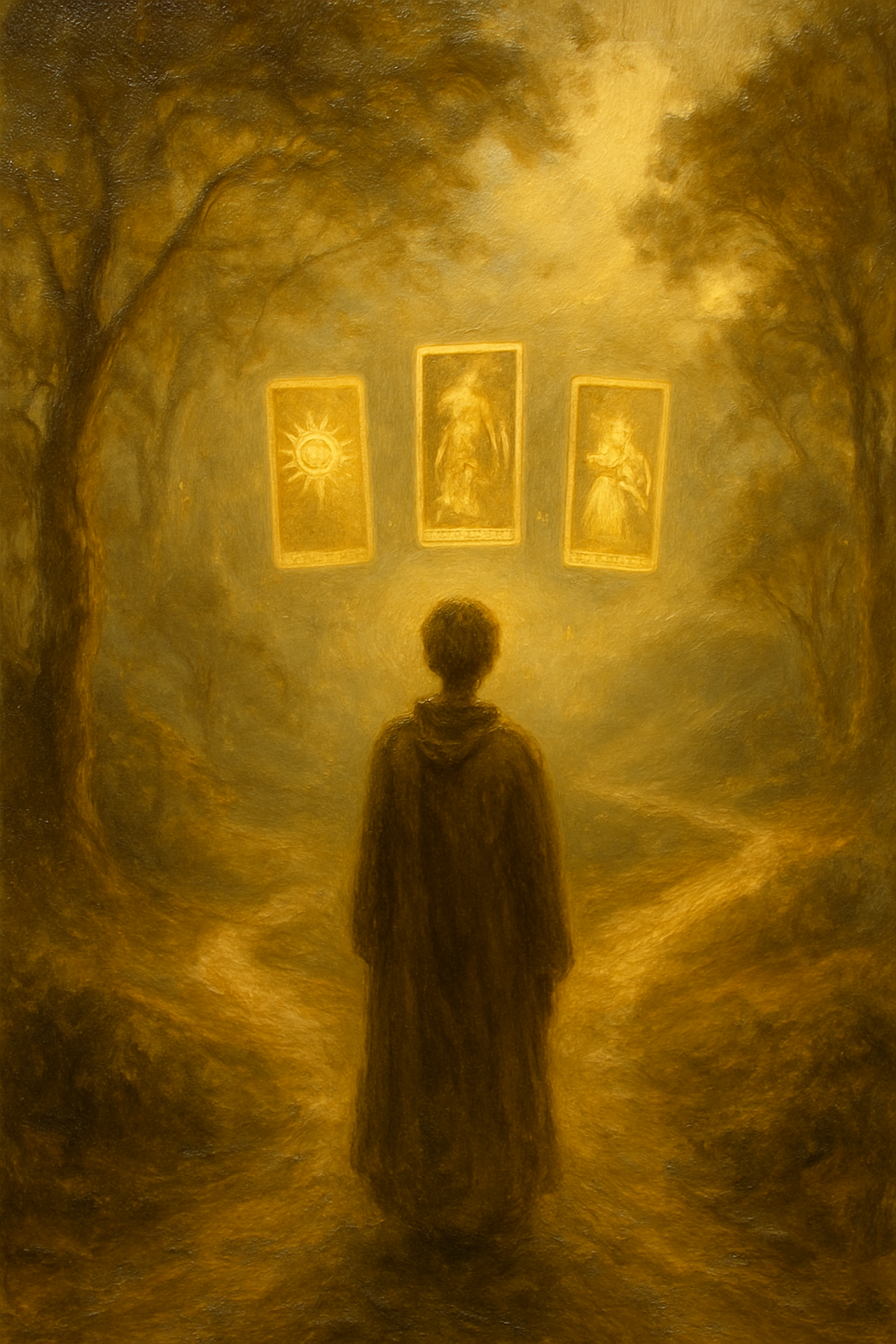 Persona en una bifurcación del camino observando tres cartas de tarot flotantes que iluminan las opciones.