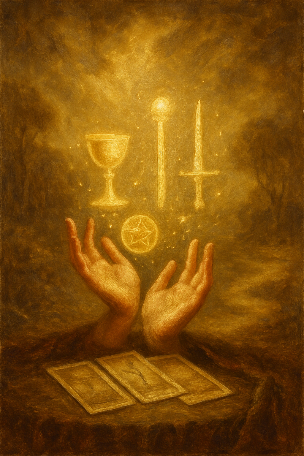 Manos interpretando los símbolos que emanan de una tirada de cartas de tarot.