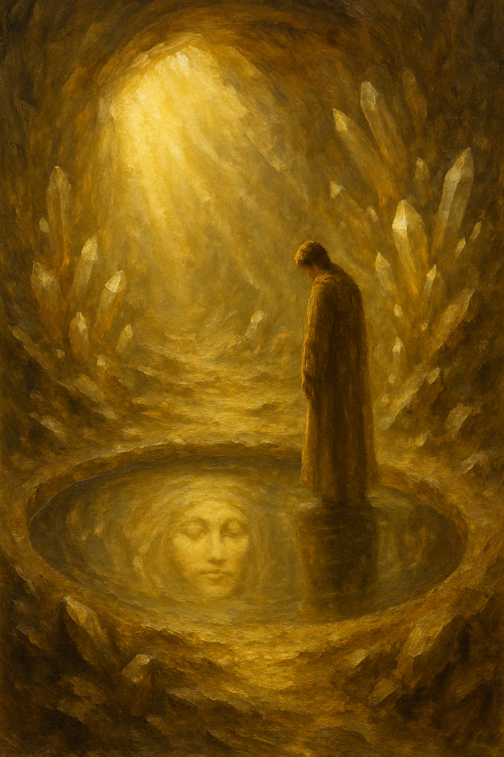 Persona viendo el reflejo de un arquetipo del tarot en un espejo de agua subterráneo.