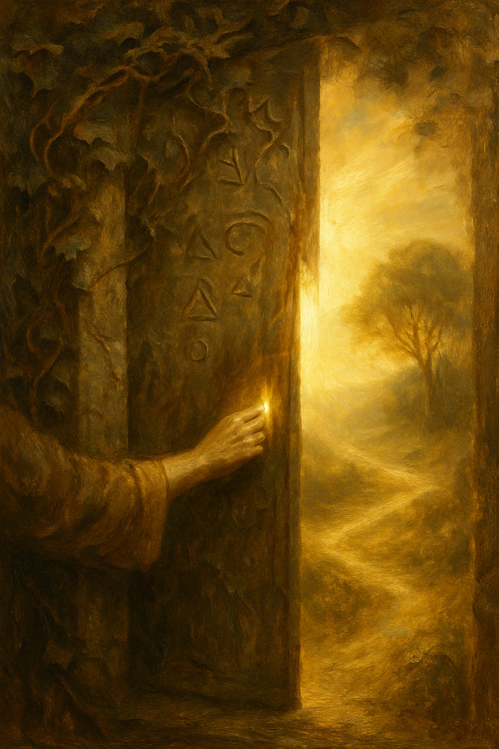 Mano abriendo una puerta de piedra para revelar un paisaje luminoso, simbolizando la verdad sobre los mitos.