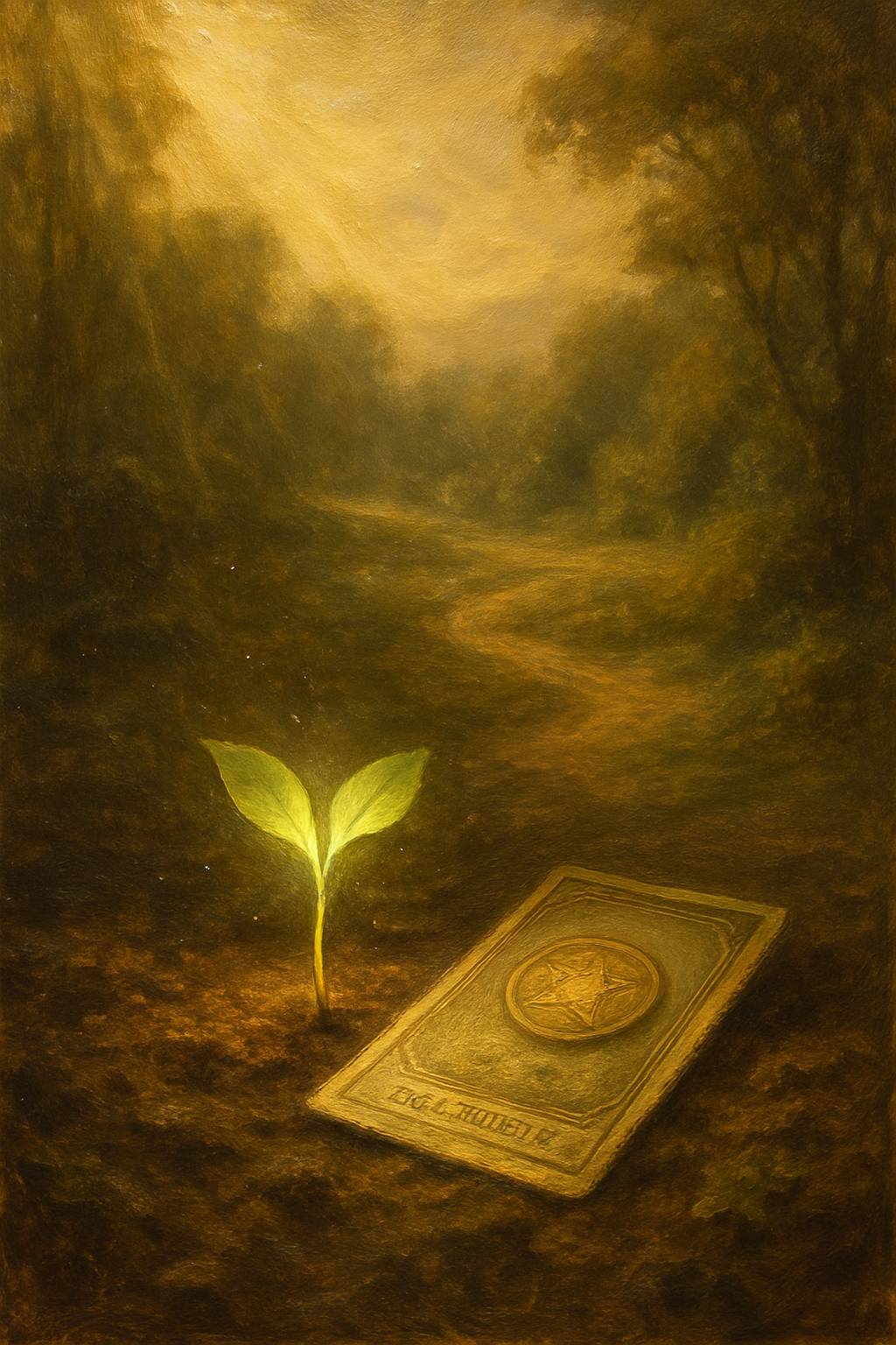 La carta del tarot del As de Oros junto a una semilla que está germinando en tierra fértil.