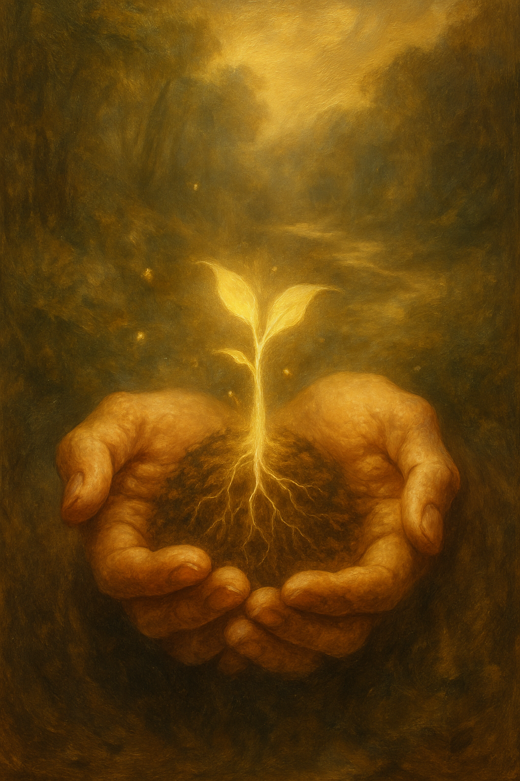 Manos sosteniendo una semilla germinando con raíces de luz, simbolizando el crecimiento del tarot evolutivo.