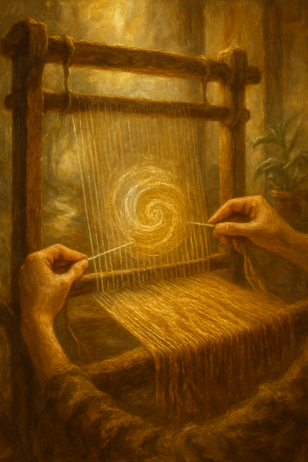Dos hilos, uno plateado y otro dorado, tejiéndose juntos para simbolizar la integración de los enfoques del tarot.