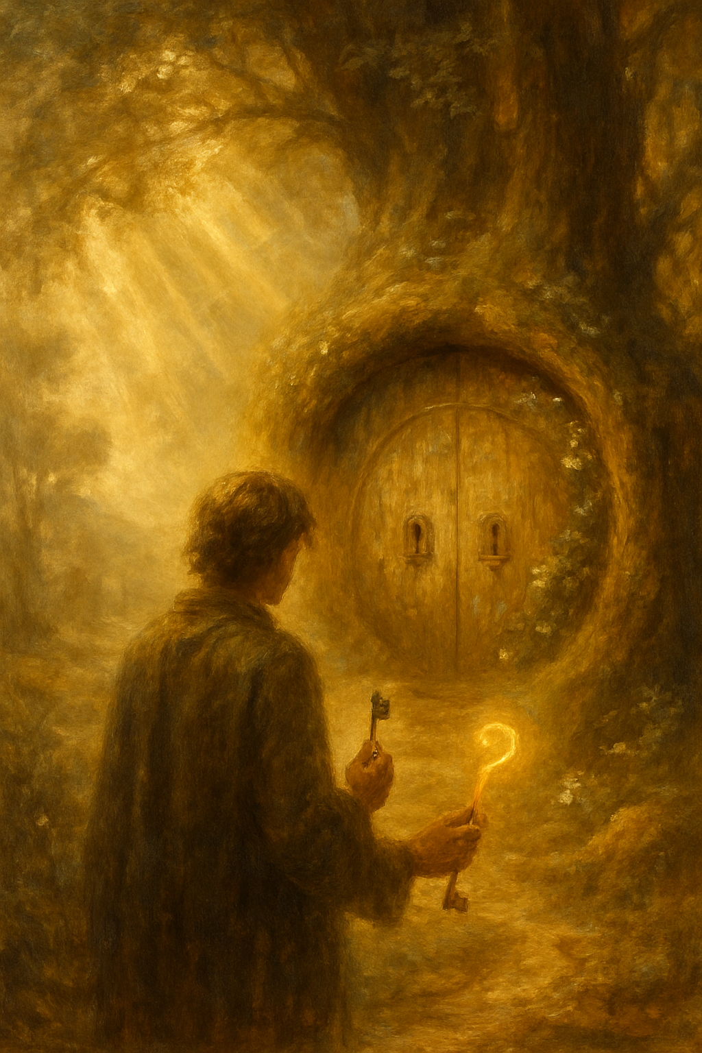 Una persona eligiendo entre dos llaves para abrir una puerta, simbolizando la elección de un enfoque de tarot.