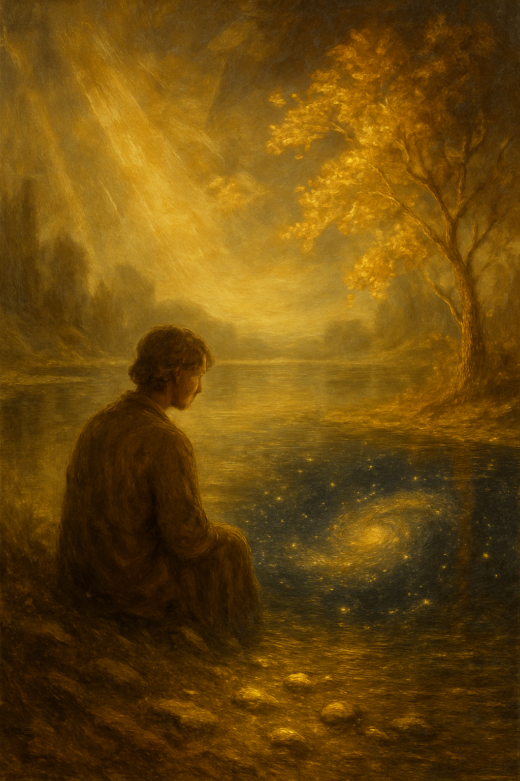 El potencial interior reflejado como un universo en un lago, representando la conclusión del tarot evolutivo.