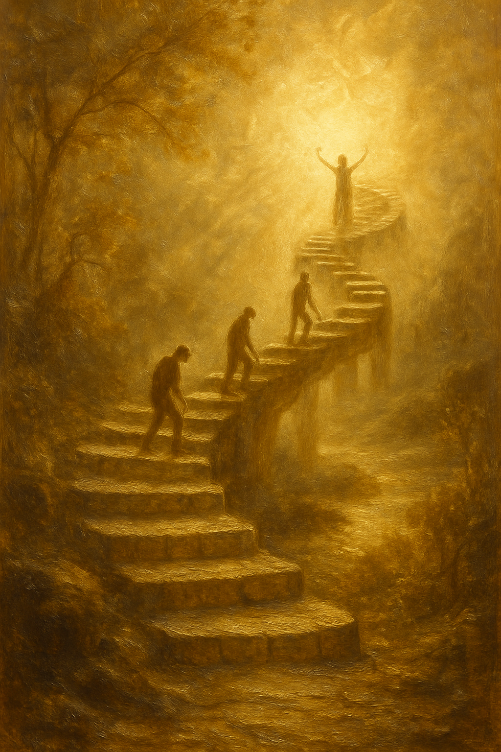 Una escalera en espiral que simboliza la estructura narrativa y evolutiva de los Arcanos Mayores.