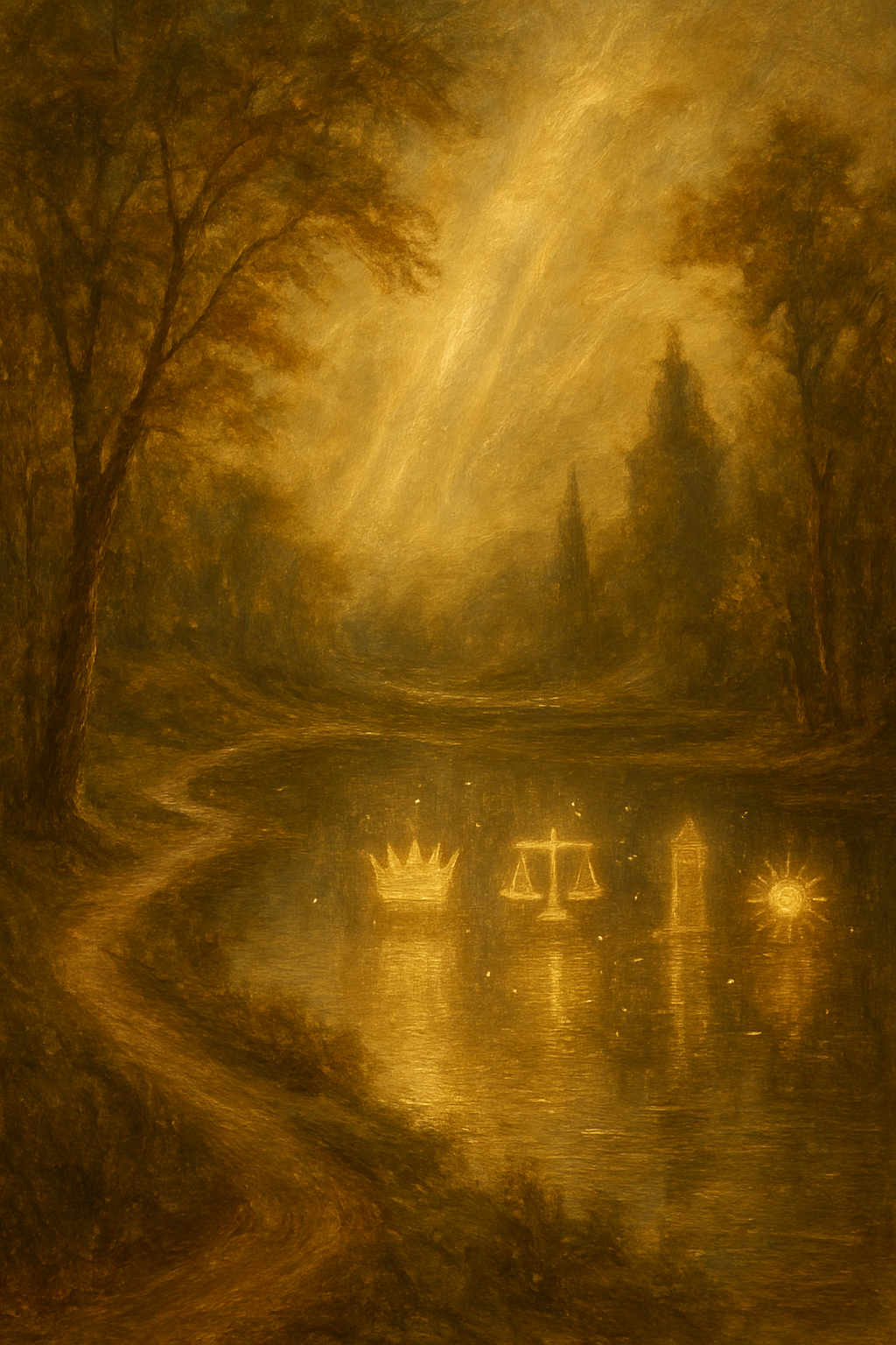 Arquetipos de los Arcanos Mayores reflejados como constelaciones en un lago.