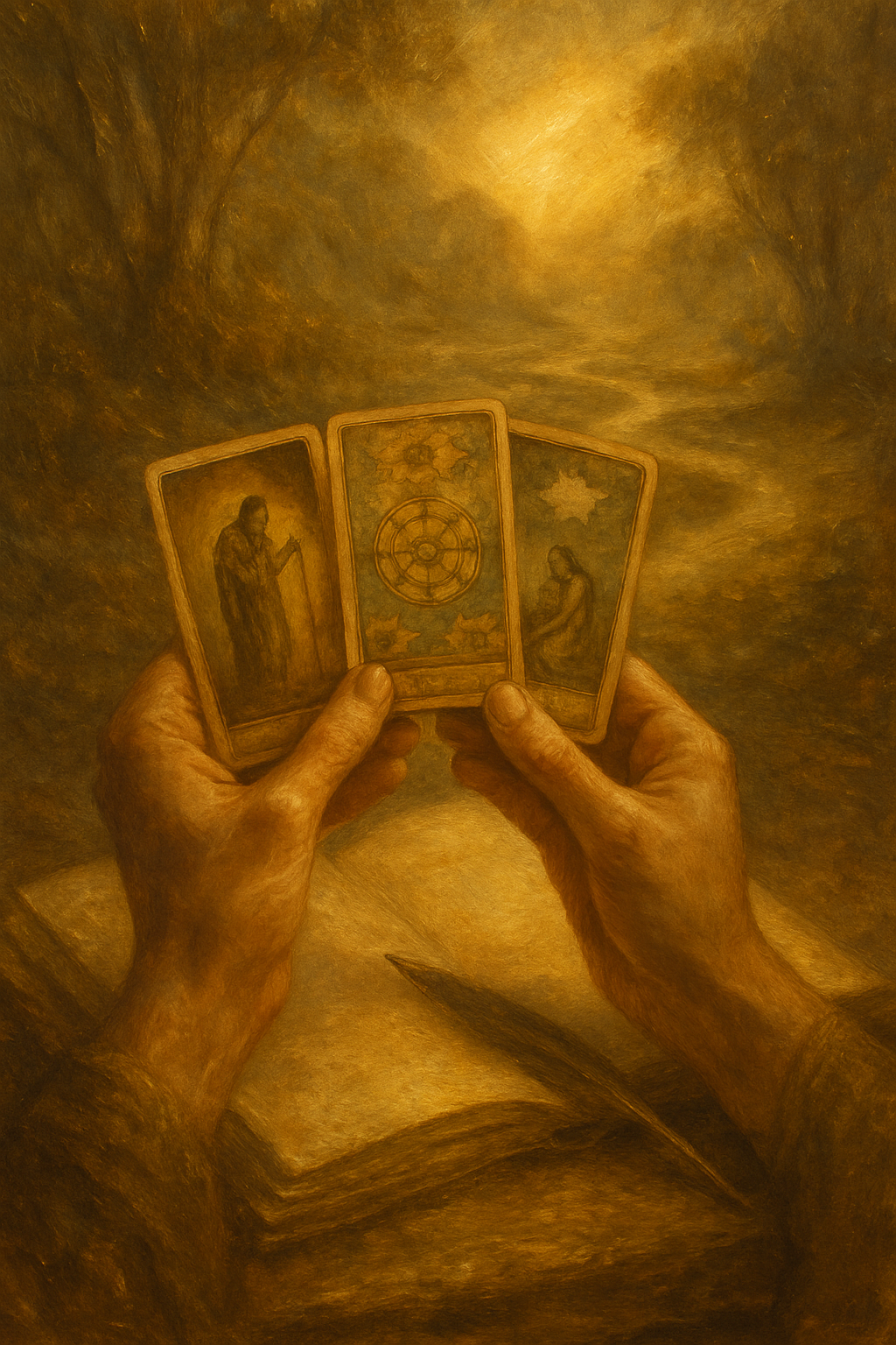Manos interpretando cartas de los Arcanos Mayores junto a un diario para la reflexión.