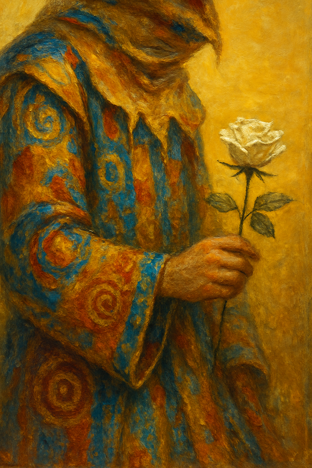 Detalle visual de los símbolos en la carta de El Loco, incluyendo la rosa blanca y las ropas coloridas.