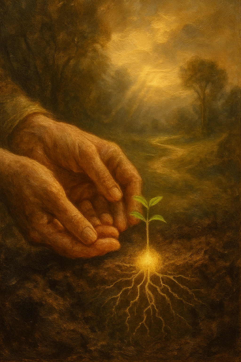 Manos plantando una semilla luminosa, simbolizando el poder de la manifestación y el inicio de un nuevo proyecto.