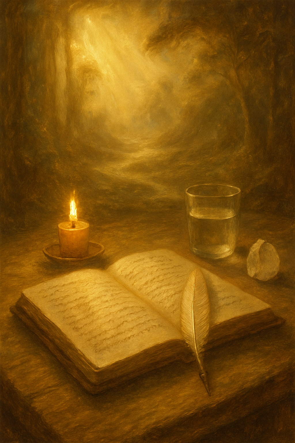 Escritorio con un diario y cuatro objetos que representan los elementos, listo para un ejercicio de journaling o meditación.