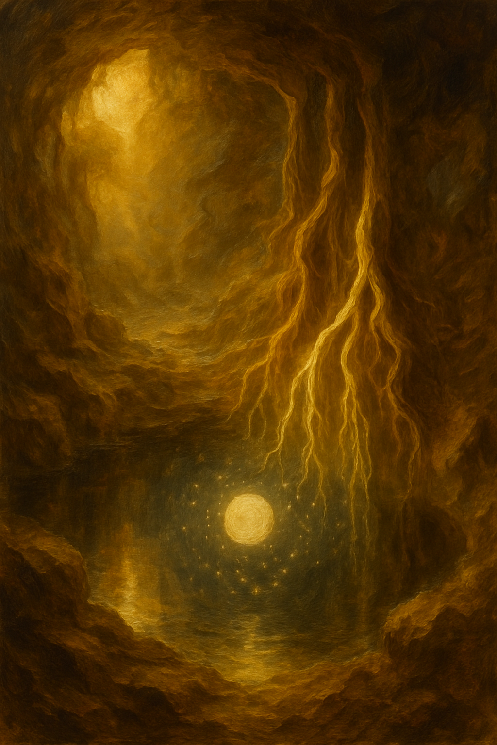 Reflejo de la luna y las estrellas en un estanque subterráneo, representando el simbolismo profundo de La Sacerdotisa.