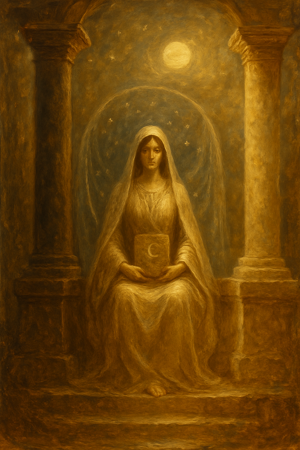 La Sacerdotisa del Tarot sentada en su trono entre dos pilares, simbolizando la intuición y el conocimiento oculto.