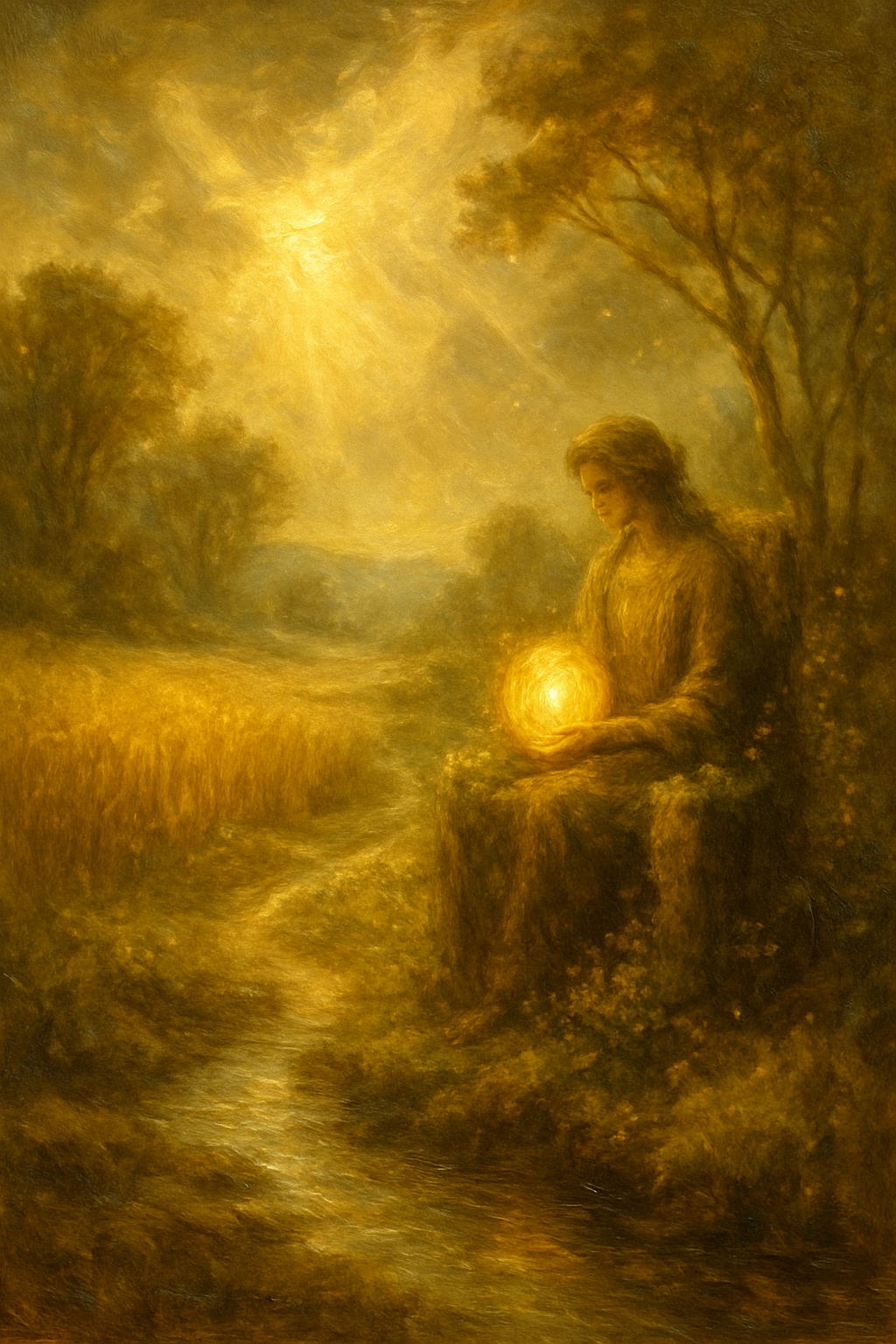 Representación arquetípica de La Emperatriz sentada en un trono en la naturaleza, simbolizando la fertilidad y la abundancia.