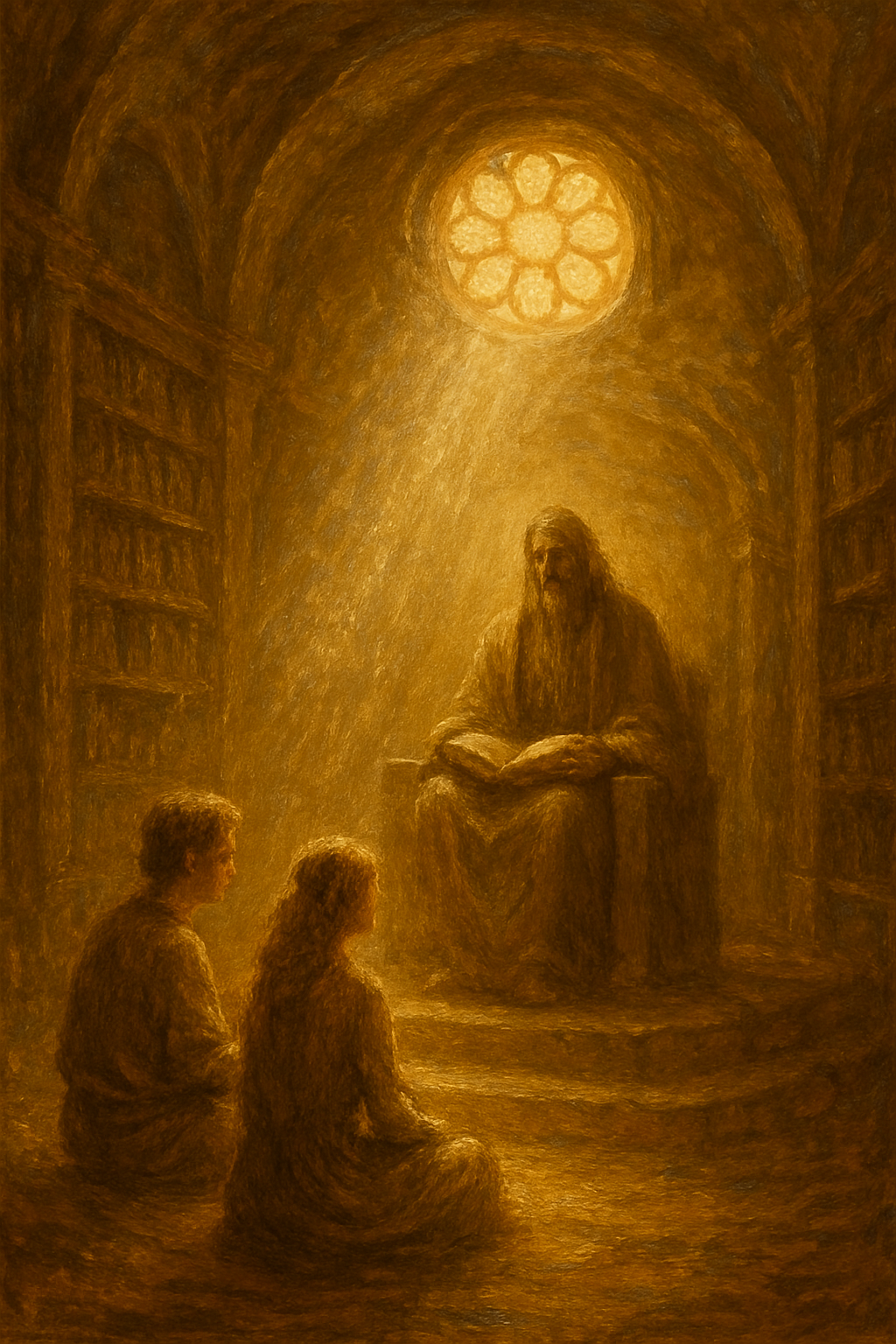 El arquetipo del Hierofante como un sabio maestro en una biblioteca ancestral.