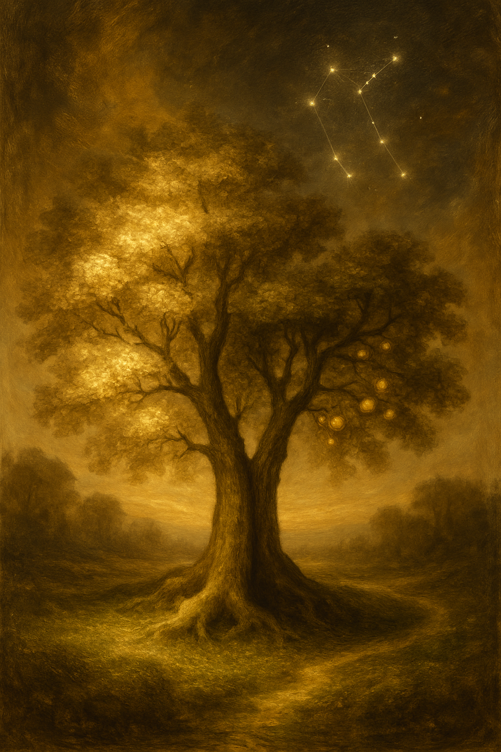 Árbol de la dualidad y la unión, simbolizando la astrología y numerología de Los Enamorados.