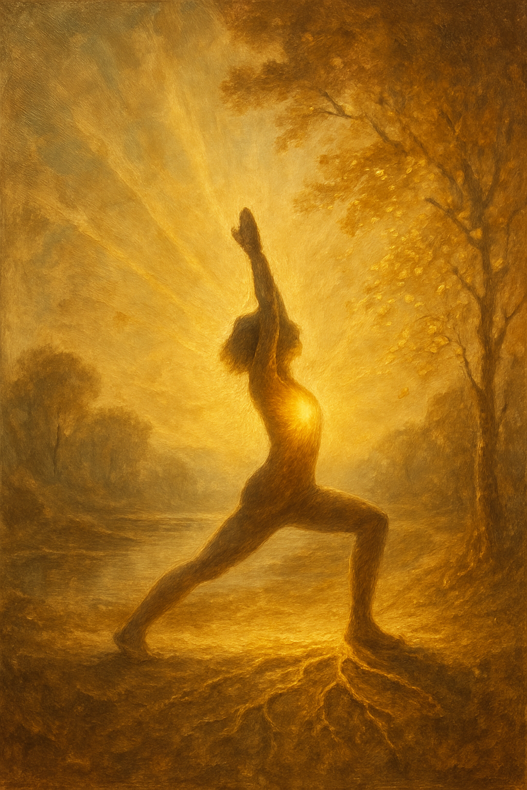 Una persona practicando yoga al amanecer, simbolizando la salud y el bienestar asociados a La Fuerza.