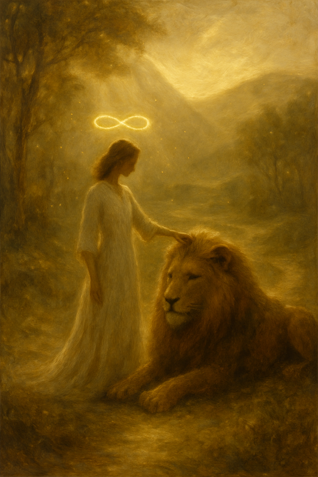 Ilustración de la carta La Fuerza del Tarot, con una mujer serena y un león en armonía.