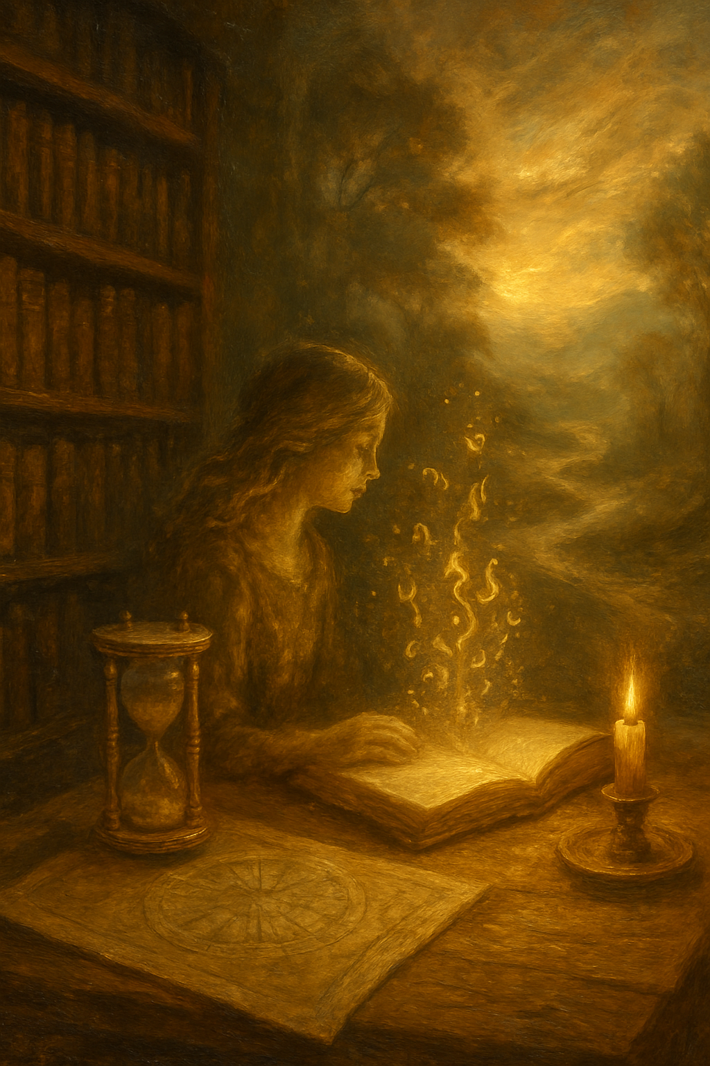 Escena histórica que representa los orígenes de El Ermitaño, con un reloj de arena y libros antiguos.