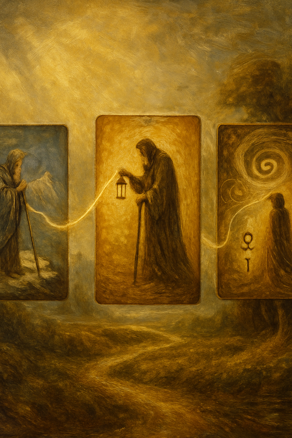 Comparación visual de la carta de El Ermitaño en las barajas Rider-Waite, Marsella y Thoth.